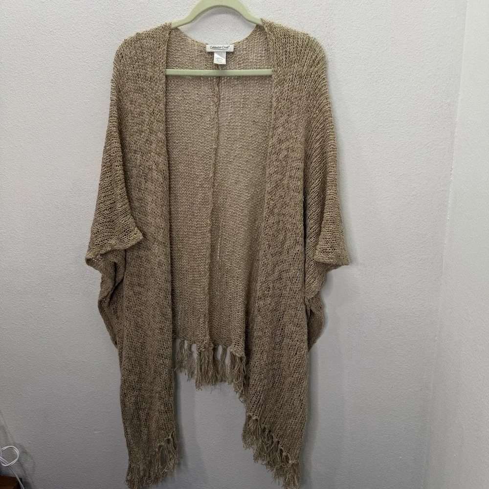 Coldwater Creek Womens Beige Fringed Shawl Wrap Boho Coastal Beachy Open Knit OS